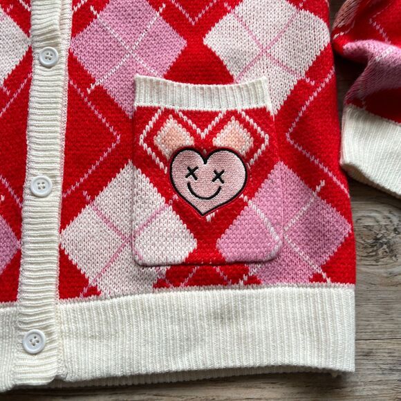 DC Comics Harley Quinn Sweater Cardigan Women's XL Patch Red Pink Cream - Picture 4 of 9